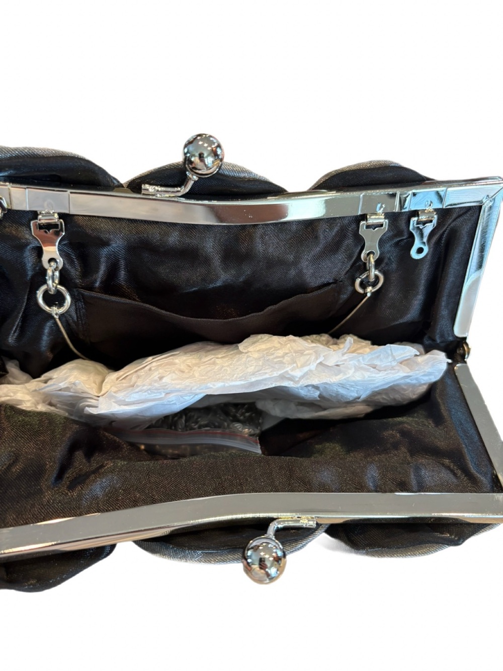 Helen Heart Gray Rosette Formal Evening Bag NWT Silver Handle Chain Strap - Picture 5 of 6